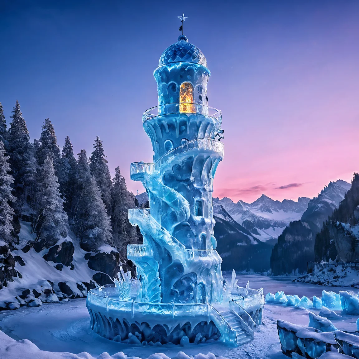 ice_art,ice,perfect photo of watchtower, beautiful place, extremely detailed, aesthetic, vibrant, evening,<lora:ice_art:1>