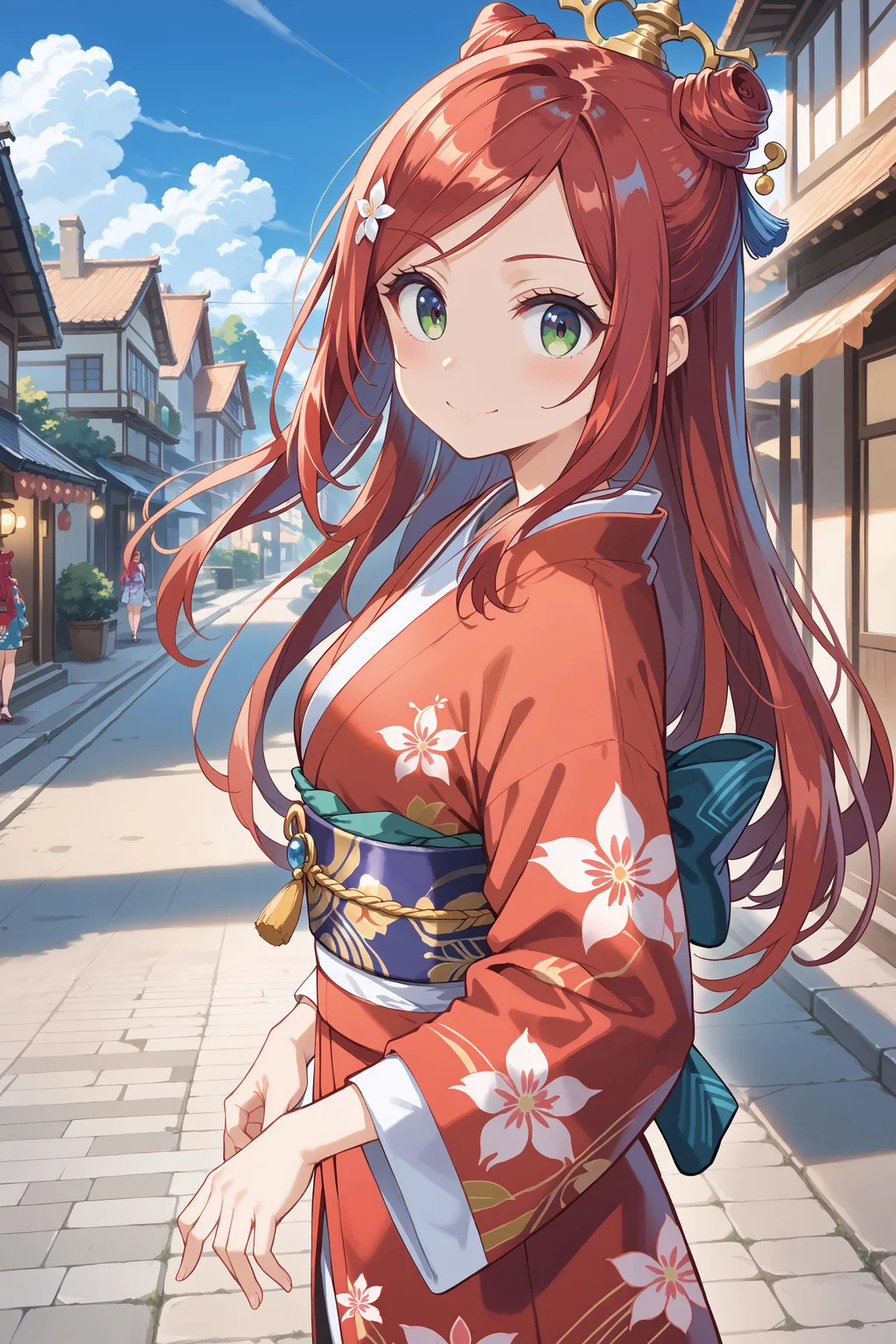 score_max, (score_9, score_8_up, score_7_up:1.0), score_6_up, official art,
, masterpiece, absurdres, high detail, 8k,
kyoto, town street, stone road, blue sky, isometric,
standing, light smile,
iroha, red hair, cone hair bun, long hair, pale red kimono, print kimono, chrysanthemum print, obi, waraji,
<lora:XL_Pony_MGCM-iroha-t1:1>