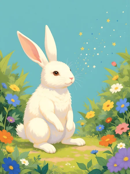 A single rabbit sits peacefully in a vibrant outdoor setting, illustrated in Studio Ghibli style. The rabbit has soft fur, black solid circle eyes, and a gentle smile, giving it a slightly magical and sentient appearance. It's surrounded by lush green grass, dense foliage, and a scattering of colorful flowers — blue, orange, purple, and yellow — all rendered with delicate, painterly textures. Sparkles float lightly in the air, hinting at a quiet spiritual presence. The blue sky in the background is soft and slightly hazy, adding to the calm, dreamlike mood. The rabbit appears to be a gentle nature spirit, blending naturally with its surroundings in this warm, whimsical scene. aidmamjv7, aidmarealisticskin, reedy, nistyle, in the style of ckcs, drkfnts, v1v1dr34m <lora:aidmamjv7_aidmaMJv7-FLUX-v0.1:0.6> <lora:flux.1_lora_flyway_Epic-detail_v2:0.7> <lora:aidmarealisticskin_aidmaRealisticSkin-FLUX-v0.1:0.7> <lora:Soft_Pastels_Anime_-_FLUX:1.0>