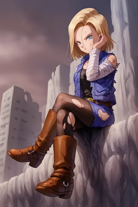 source_anime, score_9, score_8_up, score_7_up, anime screencap, high quality, 
android 18, android saga, 1girl, solo, looking at viewer, short hair, blue eyes, blue jacket, blue skirt, blonde hair, sitting on rock, pantyhose, boots, sky, belt, torn clothes, black legwear, brown footwear, crossed legs, denim, torn pantyhose, denim skirt, arm at side, bare shoulders, black shirt, denim jacket, dirty face, dirty clothes, hand in own hair, from side, from below, long sleeves, shoe soles, torn sleeves
 <lora:c18_pony:0.8>