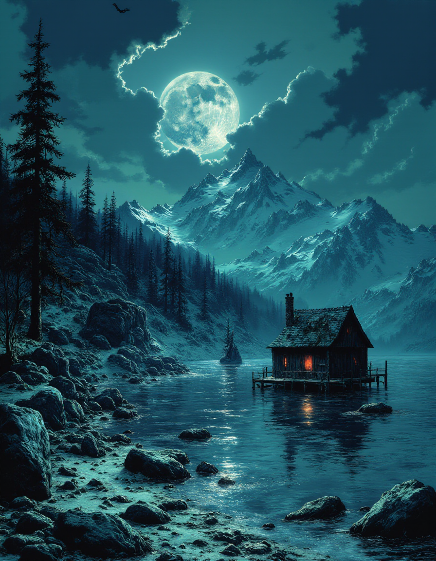 moody horror book cover, fishing bob-house In the middle of the ice of a frozen lake, full moon, night snow blizzard background,  flying snow <lora:Spooky_Horror:1>