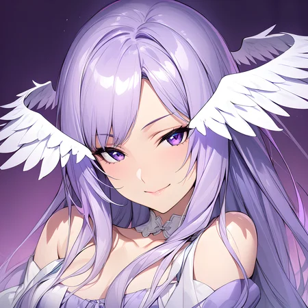 (masterpiece),(best quality),(ultra-detailed),(best illustration),(best shadow),(absurdres),(detailed background),(very aesthetic), quinella, 1girl, solo, long hair, seductive smile, purple eyes, purple hair, portrait, closed mouth, head wings, <lora:XL-Quinella:1>