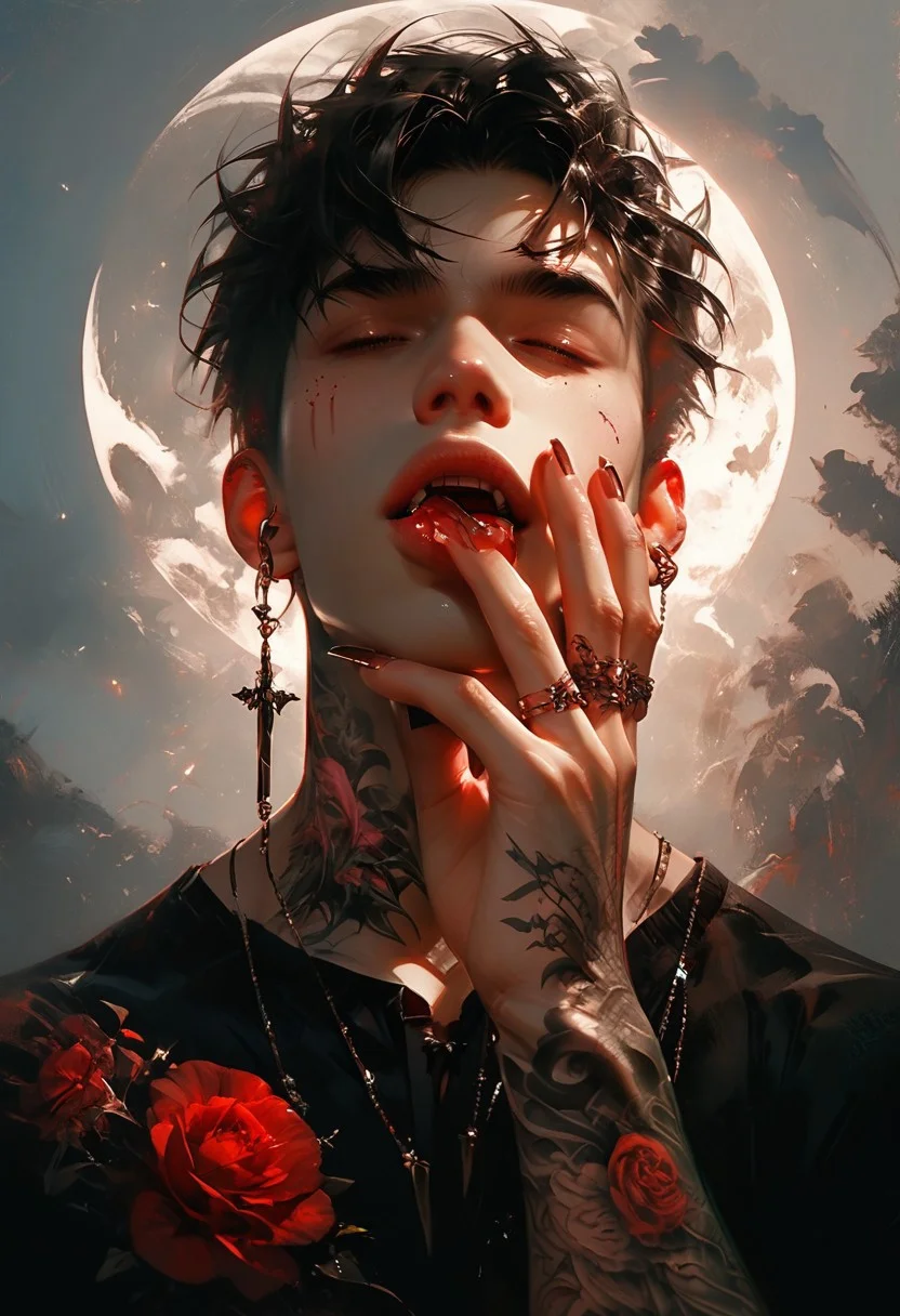 (score_9, score_8_up), score_7_up, masterpiece, ultra-realistic 8k, (best quality), (lots of details), (intricate details), perfect male painting, detailed painting, inrticate, realistic skin, (male focus), (dark shot, dark theme, muted colors), dynamic angle, (close-up:1.2), (solo), 1boy, masculine, (muscule:0.7), black leather jacket, spikes, bare chest, (tattoo:1.8), five perfect fingers, open mouth, teeth, tongue, black hair, floating hair, (head up), two hands, ((one hand covers the face with fingers from up, the other hand covers the face with fingers from below)), red hue, (red glares), shiny, blurring background, cinematic lighting, Expressiveh, g0thicPXL,