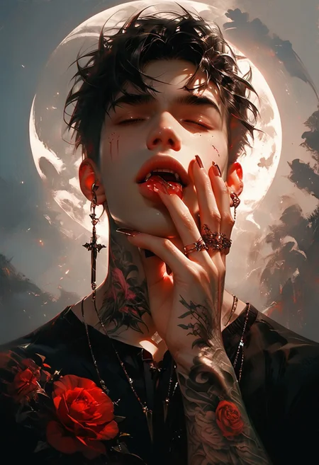 (score_9, score_8_up), score_7_up, masterpiece, ultra-realistic 8k, (best quality), (lots of details), (intricate details), perfect male painting, detailed painting, inrticate, realistic skin, (male focus), (dark shot, dark theme, muted colors), dynamic angle, (close-up:1.2), (solo), 1boy, masculine, (muscule:0.7), black leather jacket, spikes, bare chest, (tattoo:1.8), five perfect fingers, open mouth, teeth, tongue, black hair, floating hair, (head up), two hands, ((one hand covers the face with fingers from up, the other hand covers the face with fingers from below)), red hue, (red glares), shiny, blurring background, cinematic lighting, Expressiveh, g0thicPXL,