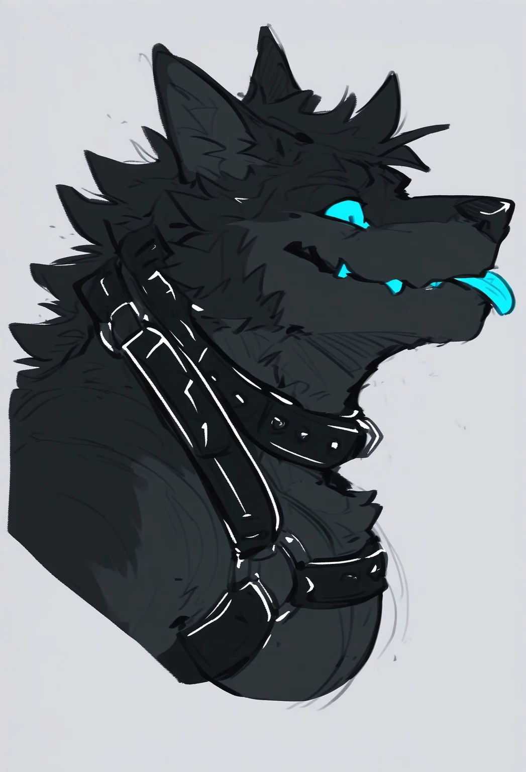 safe_pos, zPDXL3,rating_explicit, source_furry, digital media \(artwork\), masterpiece, high quality, best quality,BREAK, solo, headshot photo, furry male, (dog), eyes, black body, light blue eyes, dog boy, tongue, ears, upper body, happy, collar, teeth, (sketch:0.8), (side view:1.3), muscular male, (high res:1.3), (harness ), (animal ears:1.3), (upper body), pectorals