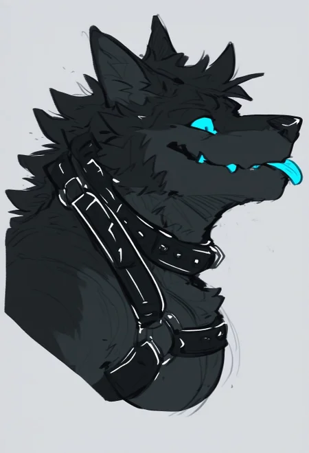 safe_pos, zPDXL3,rating_explicit, source_furry, digital media \(artwork\), masterpiece, high quality, best quality,BREAK, solo, headshot photo, furry male, (dog), eyes, black body, light blue eyes, dog boy, tongue, ears, upper body, happy, collar, teeth, (sketch:0.8), (side view:1.3), muscular male, (high res:1.3), (harness ), (animal ears:1.3), (upper body), pectorals