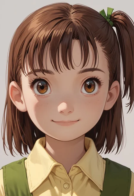 score_9, score_8_up, score_7_up, score_6_up, score_5_up, score_4_up, JeriKatou, 1girl, solo, brown hair, side ponytail, brown eyes, light smile, portrait, green dress, yellow collared shirt,