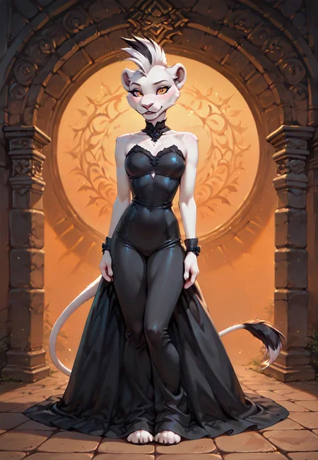 score_9, score_8_up, score_7_up, best quality, solo, anthro, full body, female_lion, lioness, white fur, (Orange gradient eyes), vivid colors, ((LIONESS tail)), FANGS, (((black and white mohawk hair))), slim body, ((((black wedding dress))), powerful, mysterious, shy, detailed background