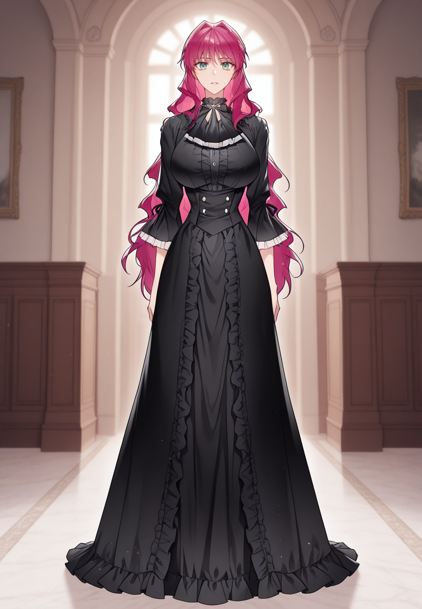 zPDXL3, score_9_up, score_8_up, score_7_up, ,Masterpiece,(perfect female body:1.2), small waist, (incredibly detailed:1.4), beautiful fingers, (large breasts:1.4)  looking at viewer, huge breasts, <lora:Penelope_Eckhart_-_Death_Is_the_Only_Ending_for_the_Villainess-Kaleid_Illustrious:1> penelopeeckhart, 1girl, very long hair, green eyes, pink hair, penelopeeckhart, 1girl, long hair, green eyes, pink hair, black dress, frills, black ascot, full body,