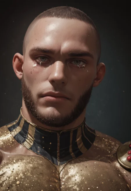score_9, score_8_up, score_7_up, score_6_up, score_5_up, score_4_up, head shot portrait, heavy muscular guy wearing a gliterring embroidered leotard, very large pectoral, standing, circus background, tears, sequins, shinny skin, ((tears))