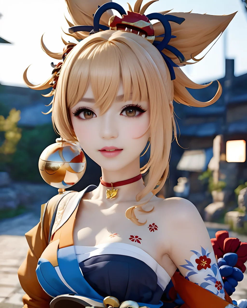4k,ultra detailed,realistic,photograph,a cute girl,detailed cosplay style,full  body,
yoimiya \(genshin impact\),<lora:yoimiya:1>,