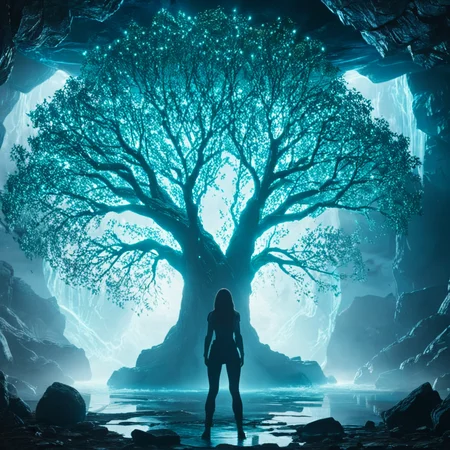 <lora:2020s_Sci-Fi_MovieSDXL:1> ArsMovieStill, Movie still from a 2020s Sci-Fi movie, The image shows a woman standing in front of a large tree in a cave surrounded by rocks and illuminated by lights. The tree is a representation of the concept art of the movie , solo, tree, 1girl, scenery, standing, long hair, water, silhouette, from behind, reflection