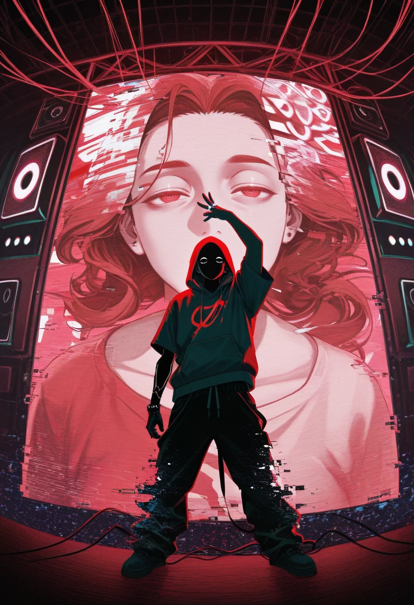 <lora:Layout1_IL:0.7> layout1, masterpiece, best quality, amazing quality, very aesthetic, absurdres, newest, lines, screen, glitch, huge speaker at the center, ring of neon light, sound wave, sound lines, <lora:ChamIllustriousBackgroundEnhancer:1.0>, masterpiece, best quality, pose, dynamic angle, dynamic shot, 1boy, solo, (mature:1.2), hood, short sleeve, hoodie, black face, poster art, abstract, collage, (random textures, glitch effect:1.2), red and black color palette, soft lighting, limited palette, (glitch:1.4), gltich background, male, (body glitch:1.4)