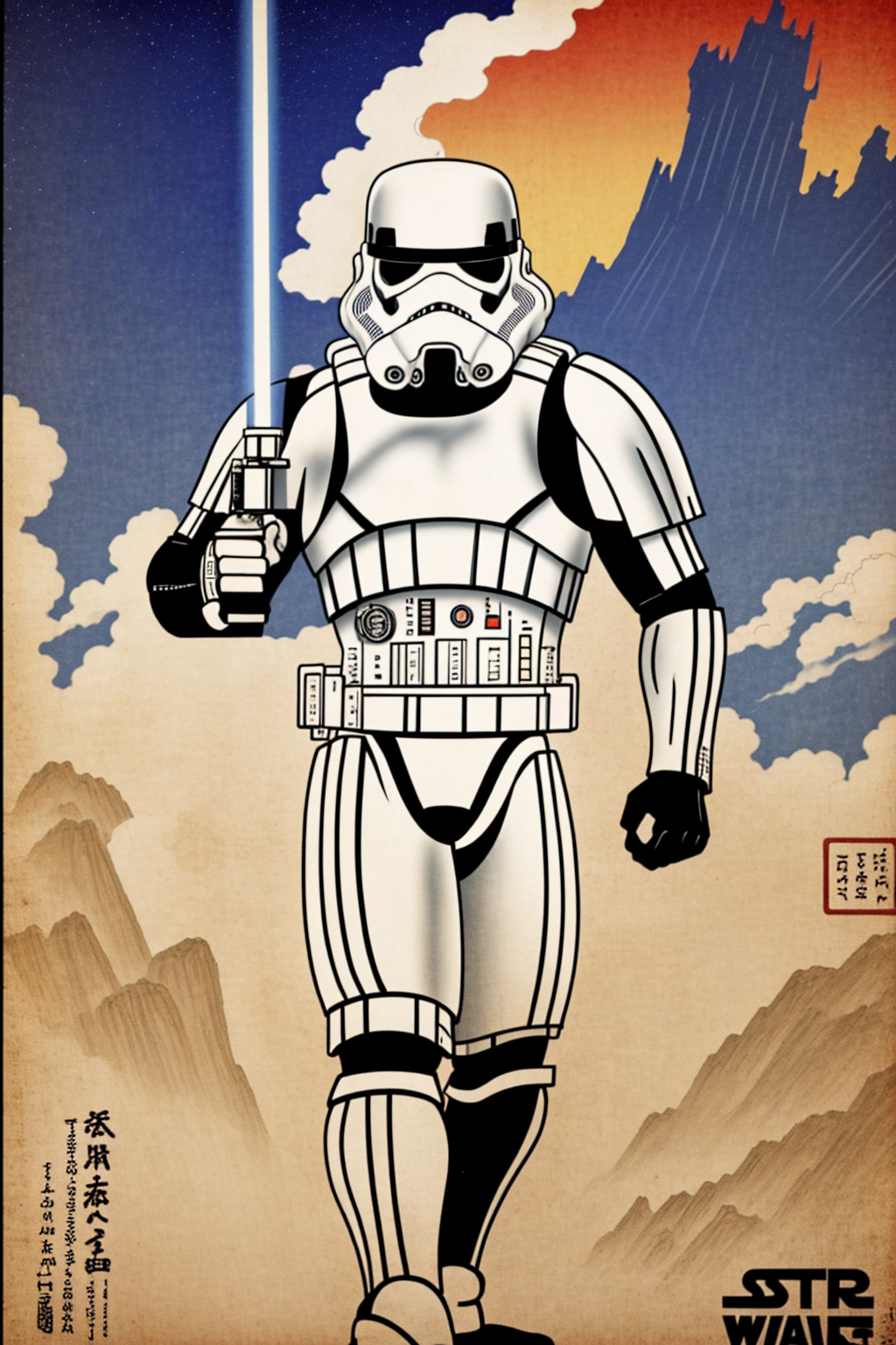 <lora:LCM_LoRA_Weights_SD15:1> <lora:Yomama_Edo_artstyle:0.95>, cloud, smoke <lora:UnlimitedBladeWorks1.6:0.8>  Lightsaber,  <lora:StormTrooper:0.8> StormTrooper, armor, helmet