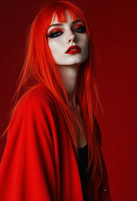 FictionalEmber,bright red hair,heavy black eye makeup and intense red lips. Rising up from a pit of flames in a red cloak