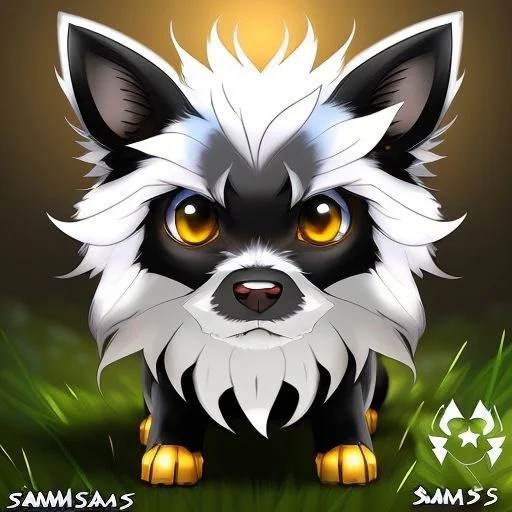 (samdoesarts style:1.3) a beautiful dandelion (metal:1.2) dog Pokemon with quartz-grey hair, glowing eyes, Tundra, highly detailed, intricate