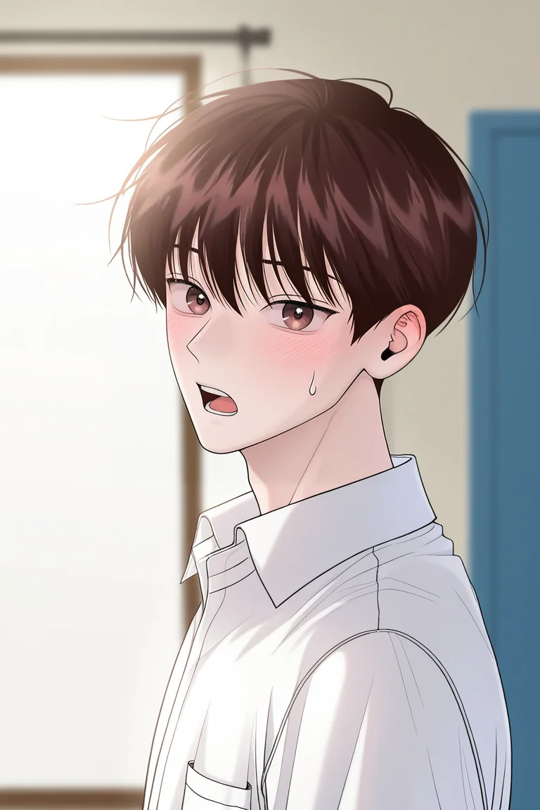 masterpiece, best quality, amazing quality, very aesthetic, high resolution, ultra-detailed, absurdres, newest, scenery, volumetric lighting, depth of field,anime screencap, , , 1boy, solo, male focus,<lora:yoil:0.83>,won yo il,dark brown hair,brown eyes,short hair,blush, open mouth, simple background, shirt, white shirt, upper body, teeth, collared shirt, sweatdrop,indoors,portrait,from side,looking at viewer
