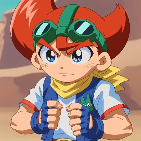 1boy, yamato delgado, solo, googles, red hair, blue eyes, white shirt, blue vest, fingerless gloves