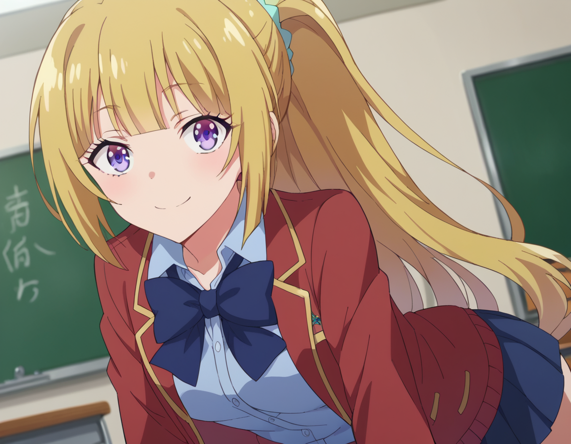 score_9, score_8_up, score_7_up, source_anime, 
keikaruizawa, <lora:kei-karuizawa-anime-s2-ponyxl-lora-nochekaiser:1>, 
kei karuizawa, long hair, bangs, blunt bangs, purple eyes, blonde hair, shirt, hair ornament, ponytail, scrunchie, blue scrunchie, smile, 
skirt, shirt, bow, school uniform, jacket, red jacket, pleated skirt, bowtie, sweater, blue bow, blue shirt, 
indoors, classroom, bent over,
looking at viewer, cowboy shot, dutch angle,