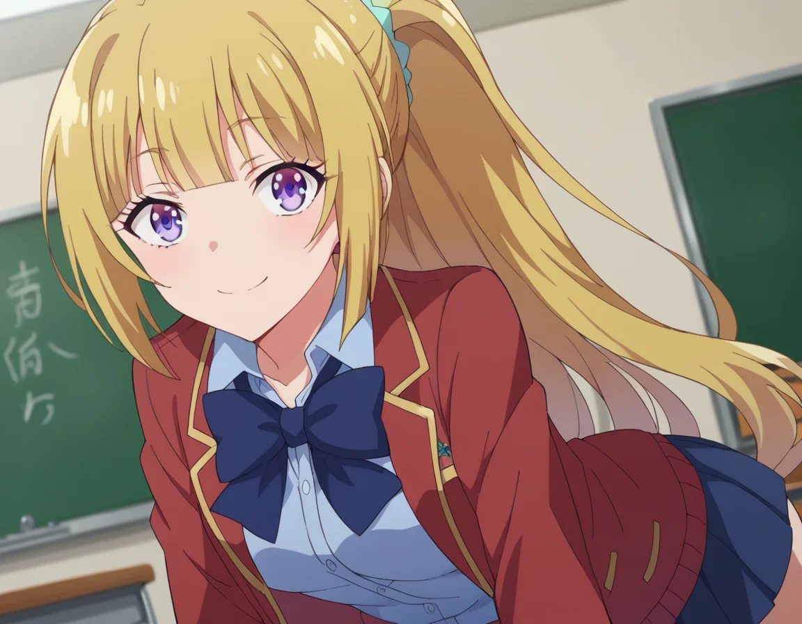 score_9, score_8_up, score_7_up, source_anime,
keikaruizawa, <lora:kei-karuizawa-anime-s2-ponyxl-lora-nochekaiser:1>,
kei karuizawa, long hair, bangs, blunt bangs, purple eyes, blonde hair, shirt, hair ornament, ponytail, scrunchie, blue scrunchie, smile,
skirt, shirt, bow, school uniform, jacket, red jacket, pleated skirt, bowtie, sweater, blue bow, blue shirt,
indoors, classroom, bent over,
looking at viewer, cowboy shot, dutch angle,