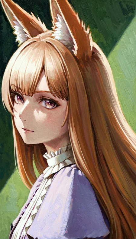 ultra detailed, absurd res, high res, extremely detailed, good quality, film grain, (cinematic angle:1.2), [realistic::0.1], from behind, looking back, close-up, 
perspective, best quality, <lora:StS_age_slider_v1_initial_release:1.5>,<lora:hand 4:0.5>
(fox girl:1.1), (fox ears:1.2), [ginger:blonde:0.2] hair, long hair, hime cut,sidelocks,blunt bangs,straight hair, brown eyes,(violet dress:1),puffy sleeves,small breasts, skinny, [embarrassed:0.9], light smile,neck,(sexy:1.2),(tsurime,narrowed eyes:0.5),open mouth, [(yaeba:1):0.1], blurry background,([green|yellow]:1.3) background,shadow,<lora:Oil_painting:0:1.4>,[(oil painting \(medium\):1),(paper texture:1):0.1]