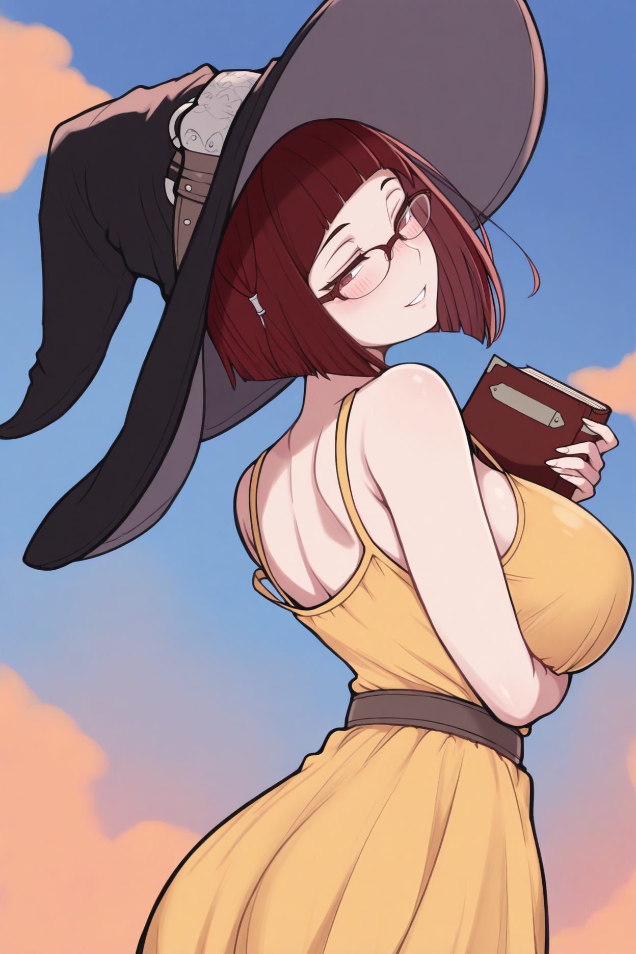 masterpiece, best quality, 1girl, solo, <lora:femiriel-illu-nvwls-v1-000006:1> m1ri, dark red hair, bob cut, dark red eyes, large breasts, witch hat, black headwear, glasses, yellow sundress, from behind, half-closed eyes, blush, smile, looking back, holding book, blue sky, sunset