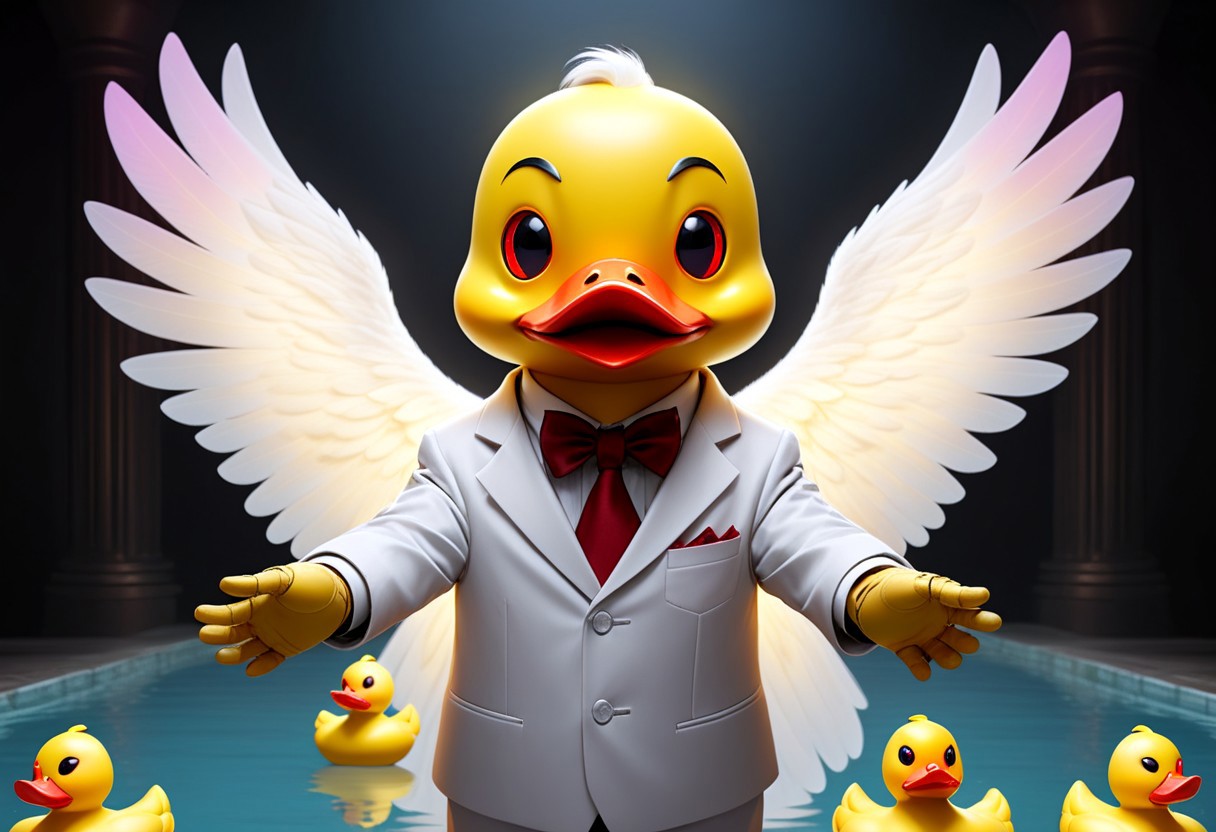 Duck robot, DuckiferXL,neotech, glowing, scifiBizarrely,  Glorious, Giant robot looming, very upset, Mystical being with iridescent wings, a delicate smoky veil, hands reaching out for a hug