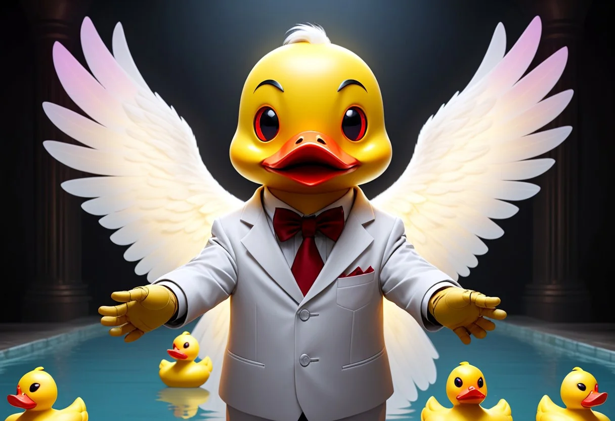 Duck robot, DuckiferXL,neotech, glowing, scifiBizarrely, Glorious, Giant robot looming, very upset, Mystical being with iridescent wings, a delicate smoky veil, hands reaching out for a hug