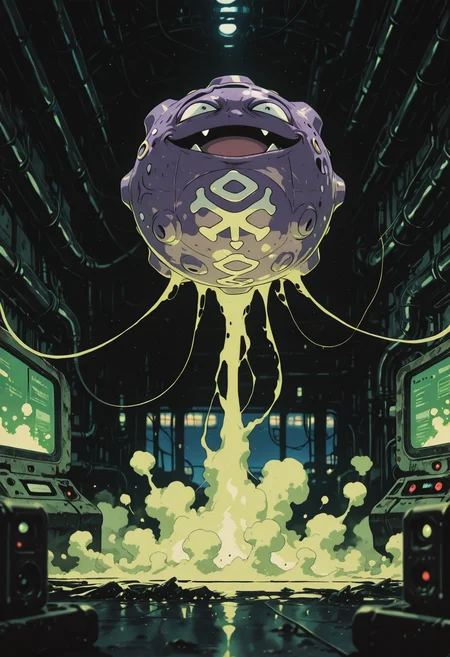 (koffing_(pokemon):1.2), smoke, pokemon, (poison gas:1.2), (solo:1.1),
depth of field, dynamic pose, dim lighting, dark shadows, night, industrial interior,, detailed eyes, perfect eyes, realistic eyes,, masterpiece, best_quality, amazing_quality, very_aesthetic, 8k, high_quality, highres, absurdres, subject_focus,, <lora:AddMicroDetails_Illustrious:0.5>, anime screencap, anime coloring, pinkretroanime, retro art, in the style of cksc, <lora:ChronoKnight_Neurocore_Shadow_Circuit:0.6><lora:WhiteZ_AnimeScreencap:0.1><lora:Pinkielicious_RetroAnime:0.3>