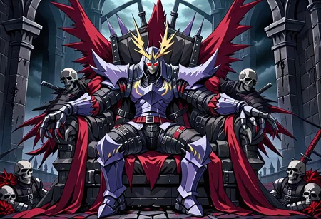 a dexdoru knight covered in belts sits upon a throne made of belts in a gloomy gothic castle,anime style,scene from hellsing,menacing