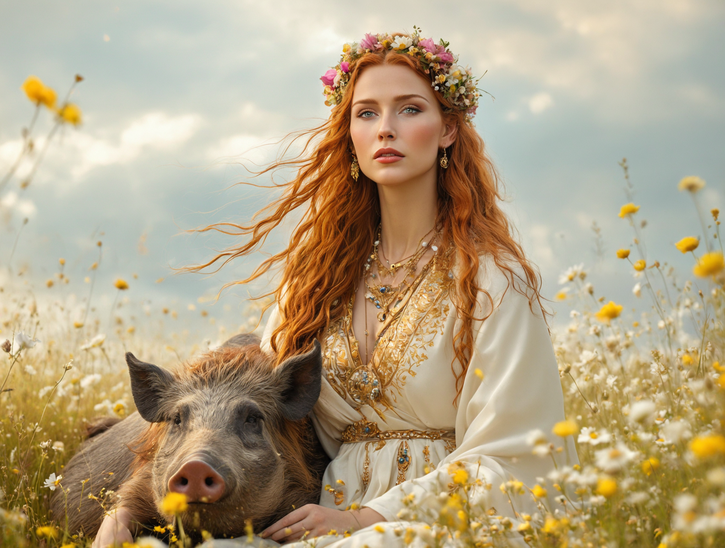 breathtaking detailed, masterpiece, absurdres, awe-inspiring, best quality, vibrant colors, nbn-freyja, auburn hair, flowers in hair, white robe with runes, necklace, parted lips, sitting in field of flowers, boar beside her, half body, realistic, golden lighting<lora:sdxl_NBN-Freyja_NordicByNature.safetensors:0.8:0.8>