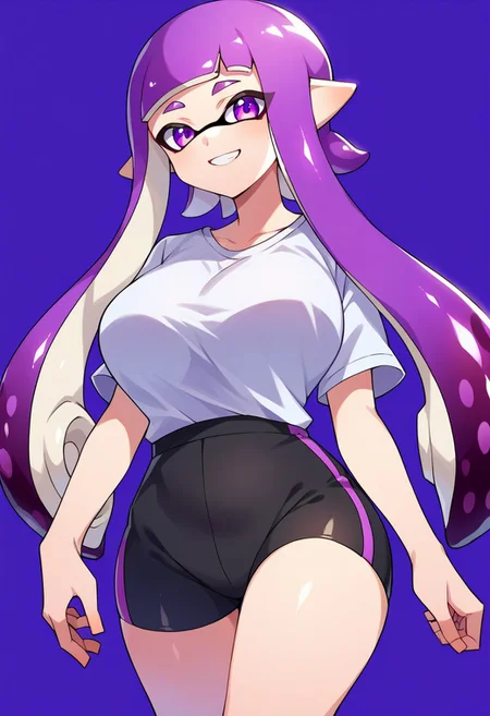score_9, score_8, score_7, source_anime, inkling girl, 1girl, solo, looking at viewer, long hair, blunt bangs, smile, splat shorts, 
large breasts, purple hair, purple eyes