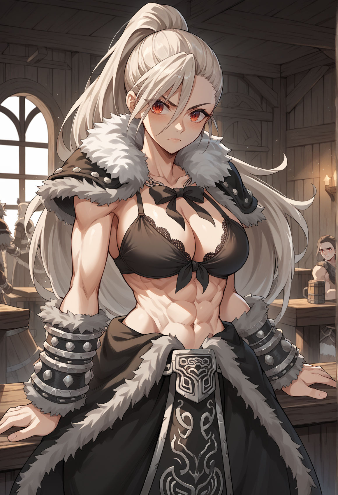 white hair, red eyes, long hair, barbarian, ponytail, diadem, wristband, waist cape, fur trim, ribbon bra, indoors, tavern, big breasts, abs <lora:Illya_pony_v2:1>, score_9, score_8_up, score_7_up, score_6_up, score_5_up, score_4_up, BREAK source_anime, masterpiece