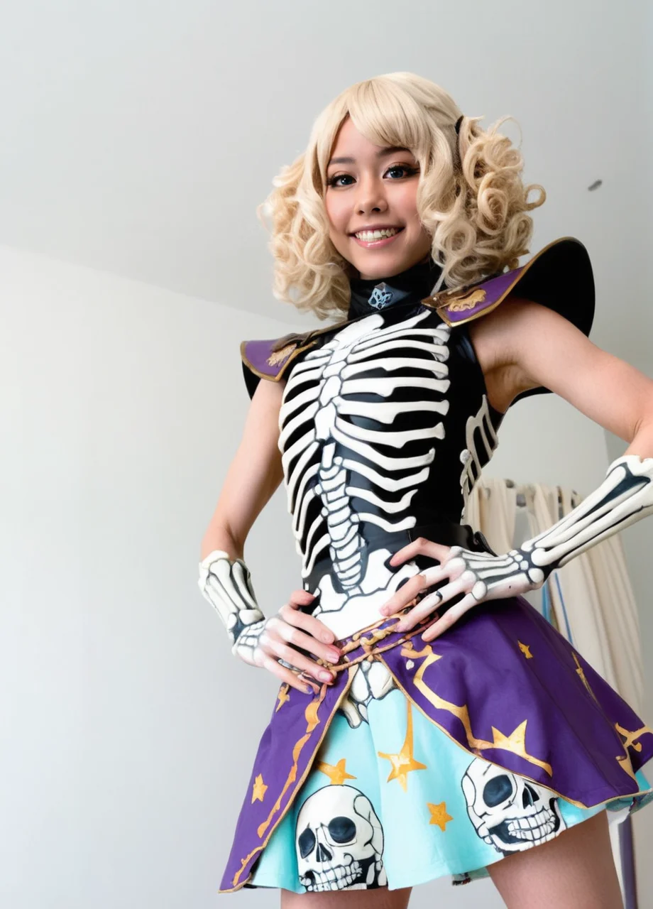 woman, with blonde hair and a Hollywood Curls hairstyle, , A woman wearing cool epic fantasy cosplay, skeleton bones clothes, armor, fantasy, cosplay, modern art, fashion designer wear, (woman wearing pastel colored skirt, lifting skirt, panty shot, smiling, happy, blushing, dynamic sexy pose, extreme angle, from above, close-up, detailed skin:0.5), <lora:subtle-ultrares1-xl25:0.7> <lora:japanese_girls:0.8> UZ_japanese_girl, japanese girl,