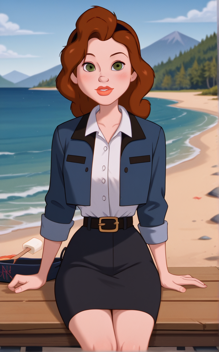 score_9, score_8_up, score_7_up, absurdres, 1girl, arm support, beach, holding food, parted lips, looking at viewer, mountain, ocean, popsicle, river, rock, sitting, water, blush, outdoors, day,<lora:PONYXL_IronGiant_AnnieHughes_ownwaifu:1>, BREAK JacketShirt_AnnieHughes_ownwaifu, 1girl, breasts, brown hair, collared shirt, eyeshadow, green eyes, lipstick, long hair, makeup, nose, red lips, white shirt, black hairband, blue jacket, long sleeves, open jacket, black belt, dress shirt, shirt tucked in, belt buckle, black skirt, formal, lips,<lora:add-detail-xl:0.15>,