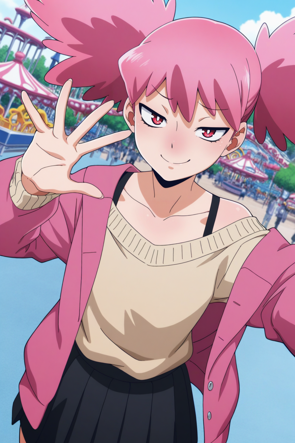 masterpiece,best quality,amazing quality,very aesthetic,absurdres,newest, 1girl, solo, original, beige sweater low-cut sweater with black straps, collarbone, pink jacket, black skirt pleated skirt medium skirt past thighs, upper body, standing, amusement park background, looking at viewer, one arm outstretched, spread fingers, smug, Dutch angle,
 <lora:il_contrast_slider_d1 (Ð¦ÐÐÐ¢ ÐÐÐ Ð¢ÐÐÐÐ):-0.8>
<lora:Kazuho Haneyama:0.8> kazuho_haneyama, 1girl,