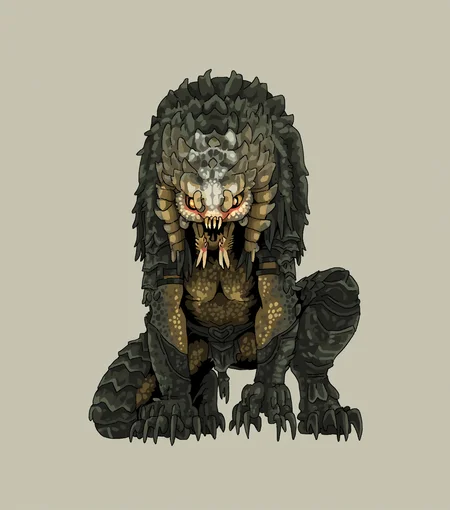 masterpiece, best quality, amazing quality, <lora:Style_v1_buns:1> 5tyl3v1, solo, simple background, no humans, full body, predator, no humans, masterpiece, best quality, amazing quality