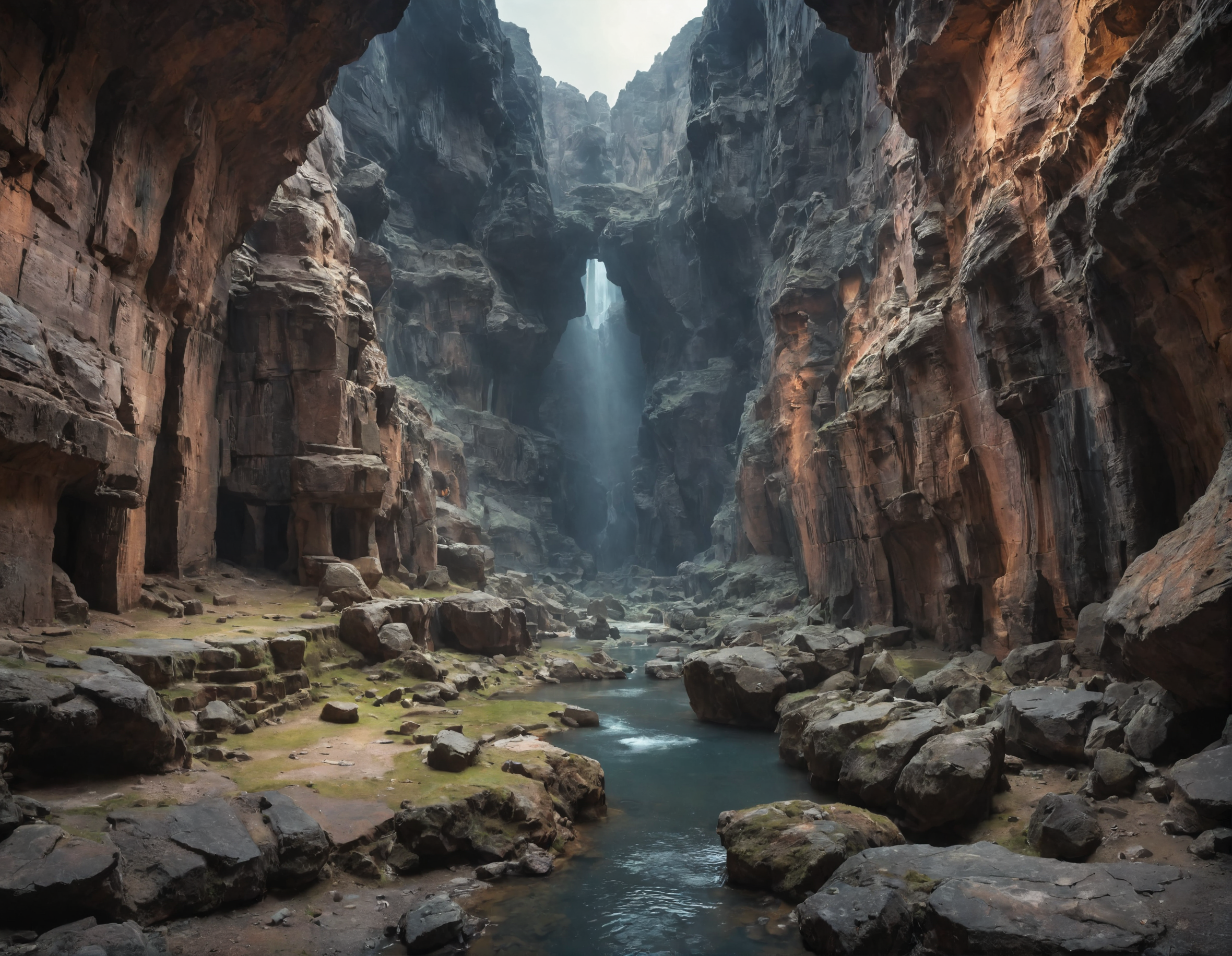 space-age, (unusual), dramatic, underground ancient city, (photo by Rembrandt:1.2), rich cold moody colours, amazing composition, <lora:add-detail-xl:1>, breathtaking canyon landscape with its layered rock formations