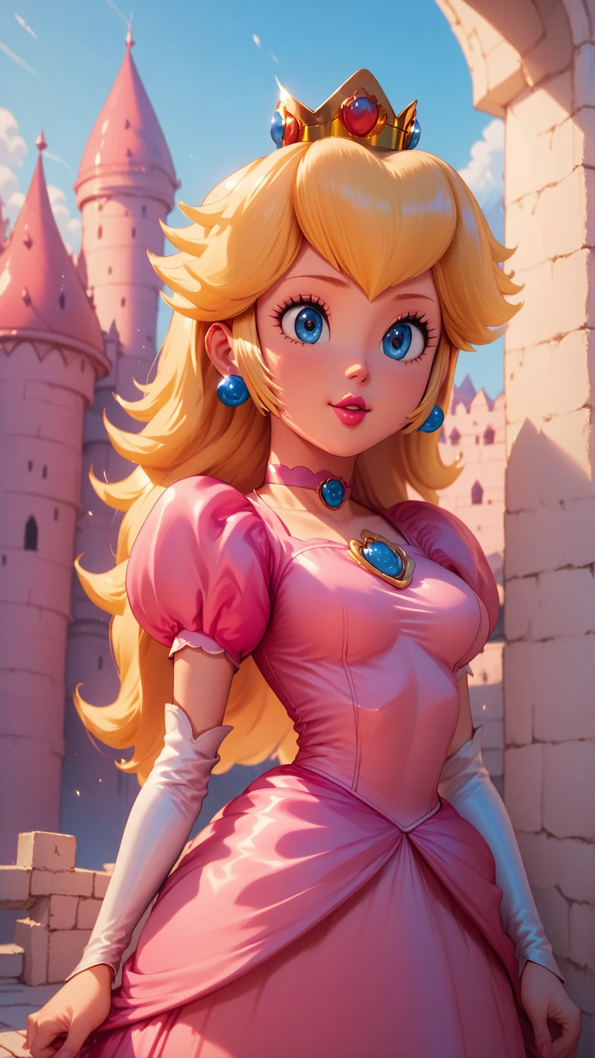 score_9,score_8_up,score_7_up,score_6_up,score_5_up,score_4_up BREAK skinny,choker,medium breasts,detached sleeves,princess peach,pink dress,castle,outside,bloom,<lora:Princess_Peach_Shiny_Style_V2:1>,