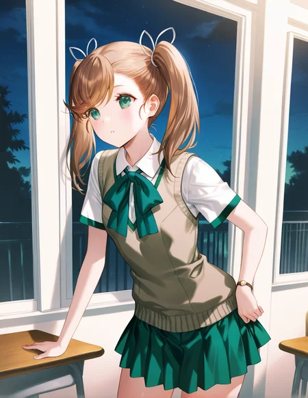 artist:gomzi,artist:wanke,artist:diyokama, rei_(sanbonzakura),[[artist:fuzichoco]],year 2023,
1girl, solo, nanase \(under night in-birth\), green eyes, brown hair, twintails, ribbon, school uniform, brown vest, green bow, green skirt, miniskirt, short sleeves,
night, cowboy shot, school,
<lora:uni_femaleplayables.ilxl:1>