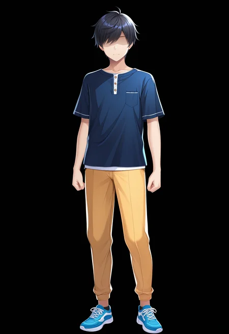 masterpiece, absurdres,amazing quality, best quality, extremely detailed, detailed background, <lora:character_cg:1>,1boy, young male, solo male, faceless male, casual outfit, black hair, character cg, full body cg, black background