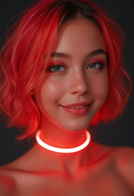 score_9, score_8_up, score_7_up, (realistic:1.4), cute face, (thin neck), ((red theme)), small boobs, cleavage, glowing glowstick choker, (young:1.5), ((boobs focus)), (volumetric lighting),
1girl, multicolored wig, genz_haircut, (bangs:1.1), side view, (detailed face and eyes:1.2), white background, perfect cute face, blushing, (((feminine))), goth makeup, dappled light, sexy cleavage, turning to look at viewer, vibrant colours, (happy, excited_expression, wide smile), round face, (((small sagging boobs))), (((glowing, streaks))), circles, evening, black background, dark eyeliner, thick thighs,