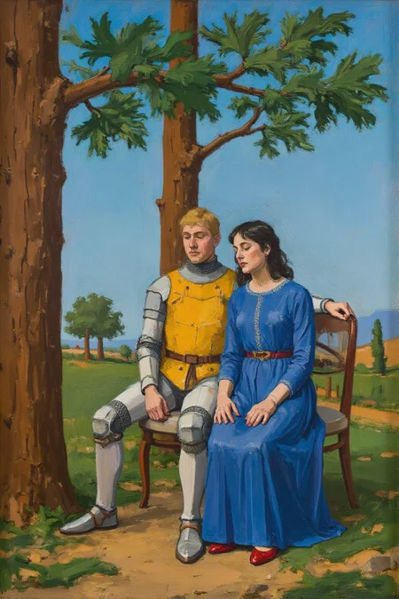 euanuglow1 painting.
A blonde knight and a lady sitting under a tree. The lady has dark hair and is wearing a blue dress. The knight is sleeping with his head on the leg of the lady <lora:euanuglow1_cap_d6aee11:1.0><lora:845541518832942633:0>