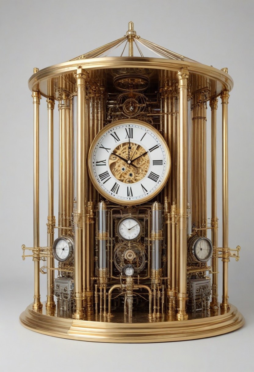 masterpiece, best quality, high resolution, 
clock in (qu4ntum style), covered in (brass pipes) and (silver wires) and gold circuits,
simple background, 
cinematic,