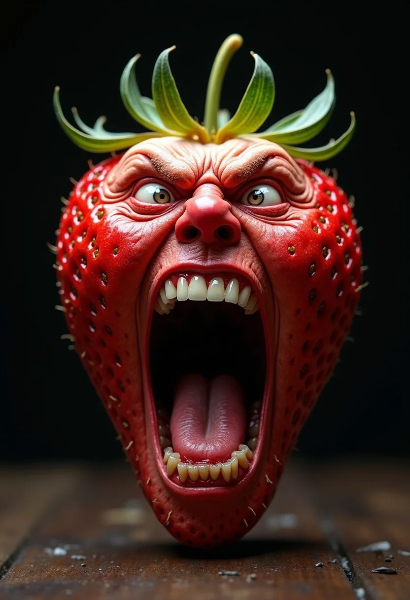 Hyperrealistic strawberry with a grotesquely anthropomorphic face, screaming in intense rage or agony. Conical, slightly heart-shaped form with textured red skin, transitioning seamlessly into wrinkled, flesh-like features. Eyes bulge outward, bloodshot and strained, with pale, watery flesh forming eerie eye sockets. Brow deeply furrowed, creating harsh lines across the strawberry's surface. Nose scrunched and flared, nostrils clearly visible. Mouth stretched impossibly wide, revealing rows of human-like teeth and a moist, glistening tongue. Lips pulled back in a snarl, exposing gums. Cheeks contorted, emphasizing the screaming expression. Skin pores and fine hairs visible on the face portion, blending into the typical strawberry texture with its tiny seeds and dimples. Vivid red coloration with subtle variations in tone, highlighting the fruit's natural shape. Harsh lighting from above casts dramatic shadows, accentuating the three-dimensional quality and the grotesque facial features. Background is a neutral grey gradient, focusing attention on the surreal, nightmarish strawberry creature.