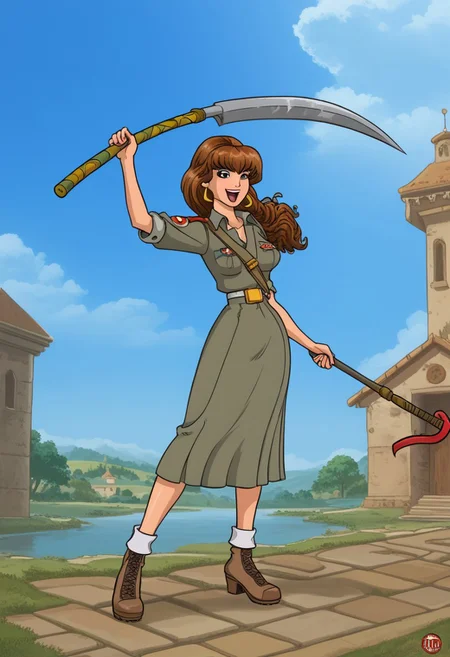 happy girl, random_combat_action_pose, scythe (4K4BUR5TYL3)