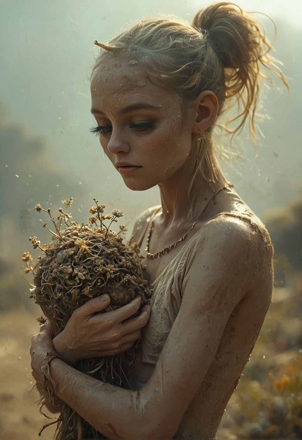 (Dust and particles:1.1) are floating in a dense atmosphere. Volumetric lighting adds the depth to the scene.
This surreal hyper-realistic full body photograph depicts a mutated feminine human being with rare thick and short protrusions scattered on natural skin surface. (Organic protrusions:1.3) look like weirdly looking (spiraling bumps and ripples on the skin:1.2). Body hair and sparse coat around the protrusions adds realism. Golden-violet veins and finest folds adds to surreal qualities of the picture.
Excess analog film grain, light leaks and color bleeding, color fade out, creamy bokeh ellipses gives a very strong feel of ancient analog film photograph or old found photo card from mid-20th century.
In background there are unclear silhouettes of weirdly-looking alien animals wandering by the extraterrestrial wild landscape with rare phallic vegs protruding from ground.
Creature caresses some formless organic blob with bumpy surface.
Characters anatomy is weirdly curved and deformed as if something bent it's limbs in wrong directions.
Image features an exceptional realism. Cinematic look and feel with professional color grading and slight cinematic yellow-green toning. Its hands are perfectly rendered with anatomically correct five fingers. Creature sex is ambiguous because there are no primary sex attributes noticeable under its clothes. Clothes are also generic without any allegiance to any sex.
BREAK alien female. bumpy skin surface, mutations, skin protrusions, organic protrusions and bumps, organic sprouts on skin. surreal fantastic photograph.
BREAK (perfectly rendered hands, anatomically correct five fingers, detailed eyes, long lashes perfectly rendered with finest details:1.2). (source_photo, source_real, content_realistic:1.125). (analog film photography precise imitation, cinematic still, cinemascope, cinematic color grading, cinematic warm-yellow-green toning,  decaying metals:1.3). (Curved volumetric  light rays:1.3).
<lora:Consistency Corrector XL:0.75>  <lora:add-detail-xl:1> <lora:detailed_eye_model:0.85> <lora:BodyDetailsPonyXL:0.75> <lora:FaceSkinDetailsPonyXL:0.9> <lora:Detailed_eyes:0.85> <lora:zy_Detailed_Backgrounds_v1:0.95> <lora:SkinandBodyDetailsPonyXL:0.8>