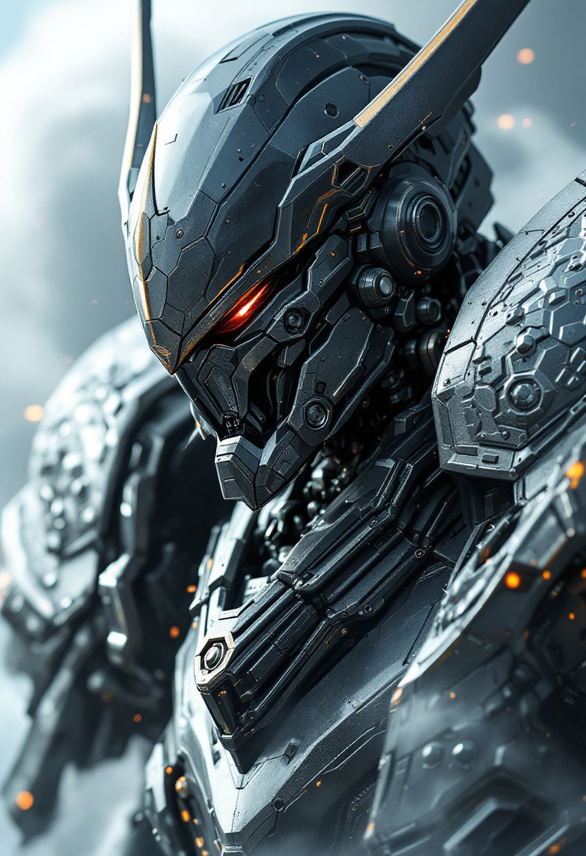 Realistic closeup ethereal the super giant robot wars, which were far from reality. The entire body is Asura (fighting demon) mechanical materials inspired by prehistoric steampunk and samurai heads. Close-up over-the-shoulder aircraft. Zeroing in on everything. A variable bipedal decisive battle machine that wears the armor that samurai wear in war.
 His second name is Minimalist or "Keeper of Time". He turns back all time. He flies swiftly, keeping the mountains under his eyes. With white smoke drifting at his feet, he has more pride than any other man, and even shivers when he is seen this close up, his jet-black aircraft. It has a slim, high-orbit samurai-inspired blade, glistening with a fusion of vein and neon hybrid oil.
 Let's turn back time." Once that robot is set in motion, all events rewind. Ruler of time, messenger of perpetual peace. The God of Destruction, the God of Fear. Various anecdotes remain in various places. Once set in motion, it envelops everything in ash and illusion.
 A samurai of the Warring States period with a retro lacquer tone with wabi-sabi based on black and a sense of luxury. His only weapon is the famous sword Masamune. There is nothing that his sword cannot cut.
 When he moves, he leaves behind an afterimage to disturb others and draws trails like an ink painting, dancing and leaping with the sparkle of an ink painting of a Japanese painting.
 An irreconcilable presence.
 Just as if they are decorating the desolate land with flowers