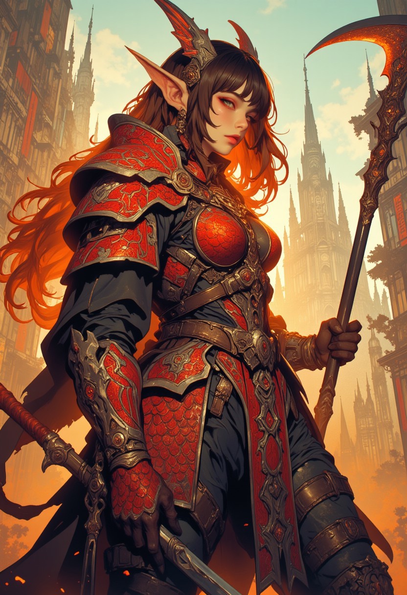 Mh1$AgThS2, intricate linework with expressive contrasts, soft lighting with dynamic highlights, Impressionistic, ligne claire outlines for clarity and structure, In the style of ff-td, this digital artwork portrays an asian female demon, irridescent scale armour, bangs, long bright orange bioluminescent hair, red plated armour, holding scythe, battle stance, dynamic angle, ancient fantasy city, battle-ready stance, dynamic pose, golden hour, directional lighting, viewed from above