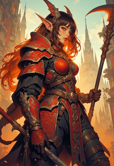 Mh1$AgThS2, intricate linework with expressive contrasts, soft lighting with dynamic highlights, Impressionistic, ligne claire outlines for clarity and structure, In the style of ff-td, this digital artwork portrays an asian female demon, irridescent scale armour, bangs, long bright orange bioluminescent hair, red plated armour, holding scythe, battle stance, dynamic angle, ancient fantasy city, battle-ready stance, dynamic pose, golden hour, directional lighting, viewed from above